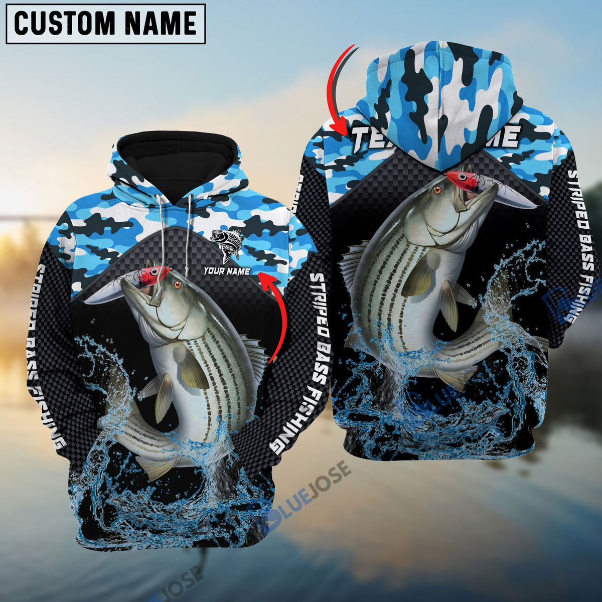 BlueJose Striped Bass Fishing Blue Camo Sport Custom Name & Team Name 3D Shirts