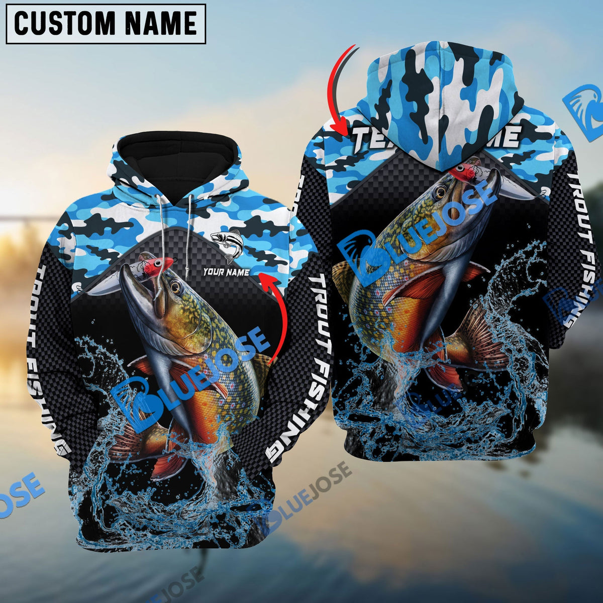 BlueJose Trout Fishing Blue Camo Sport Custom Name & Team Name 3D Shirts
