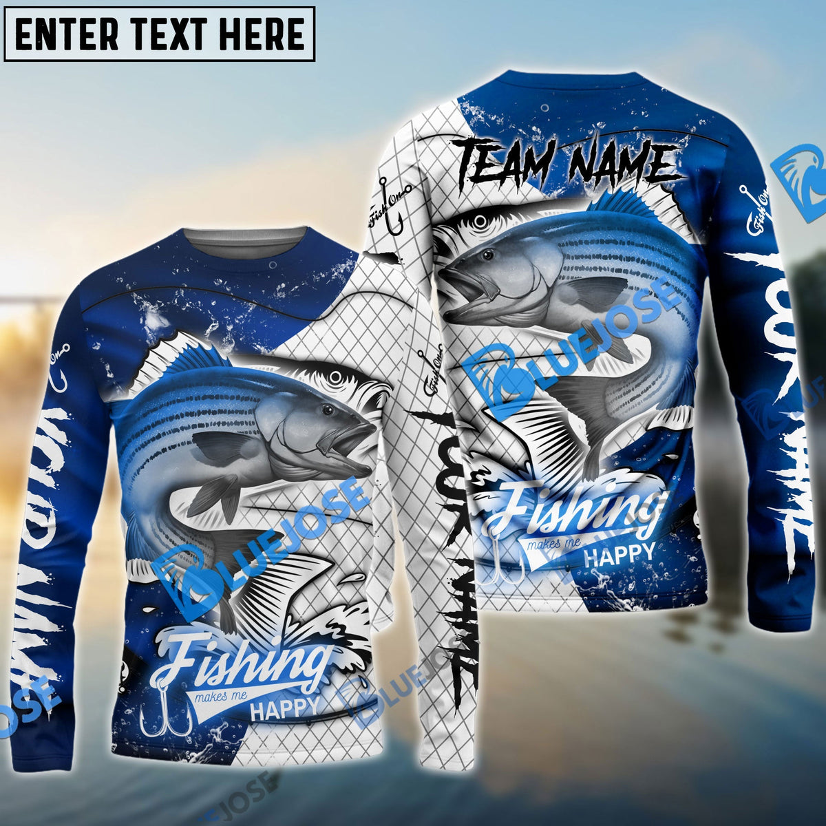 BlueJose Striped Bass Fishing Dark Blue Skin Sport Custom Name & Team Name 3D Shirts