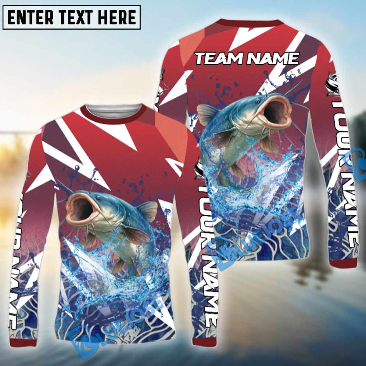 BlueJose Catfish Fishing Red Fury Pattern Custom Name & Team Name 3D Shirts