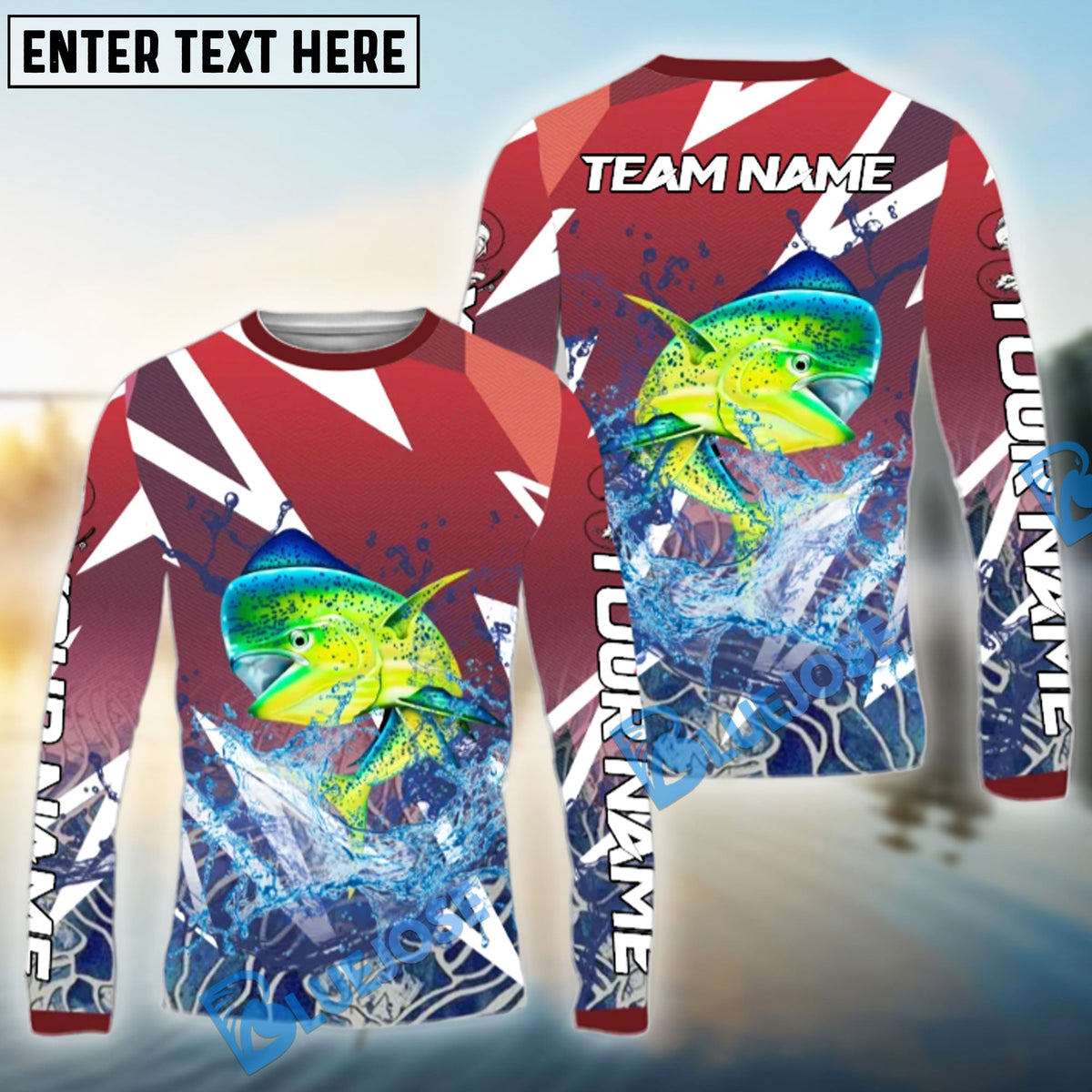 BlueJose Mahi-Mahi Fishing Red Fury Pattern Custom Name & Team Name 3D Shirts