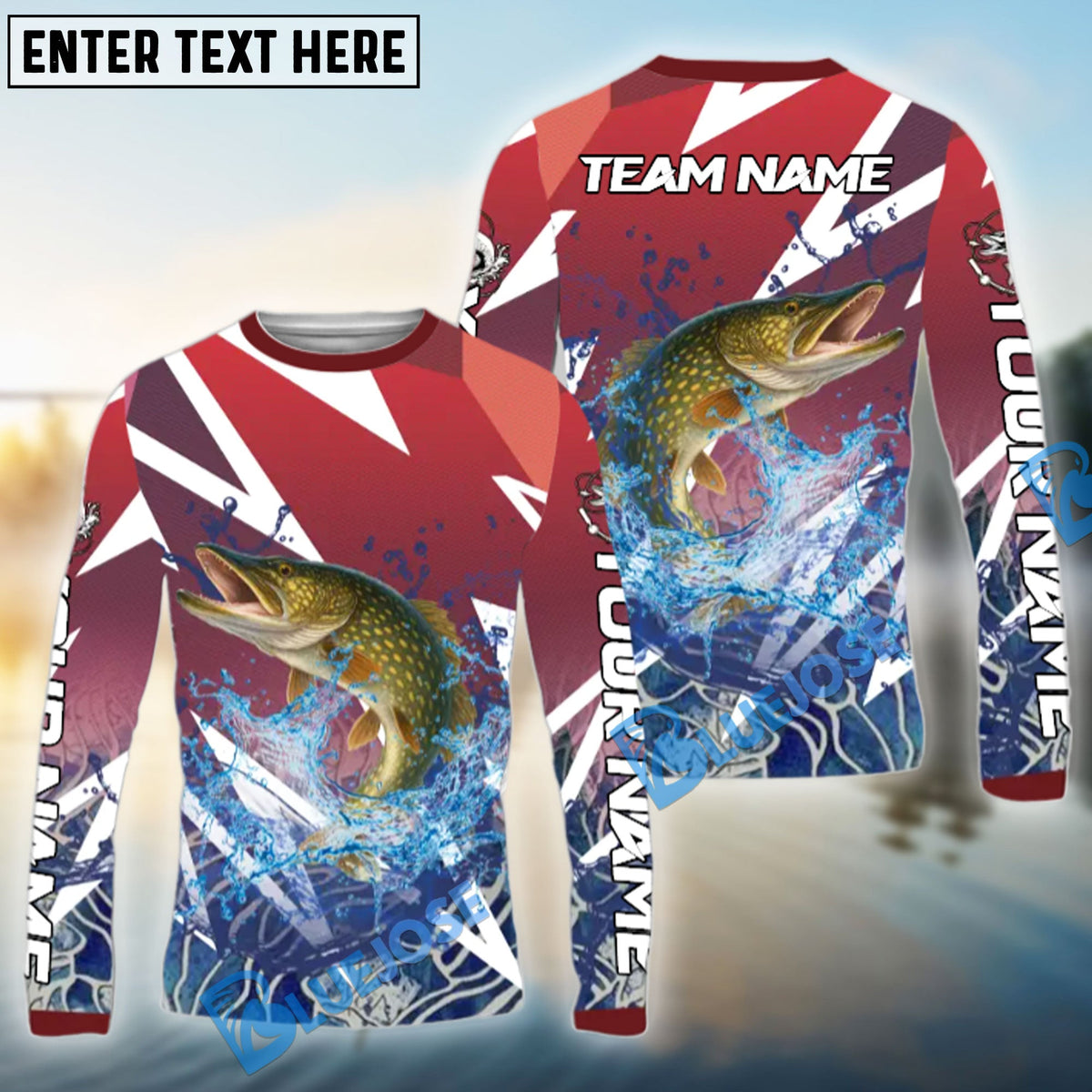 BlueJose Pike Fishing Red Fury Pattern Custom Name & Team Name 3D Shirts