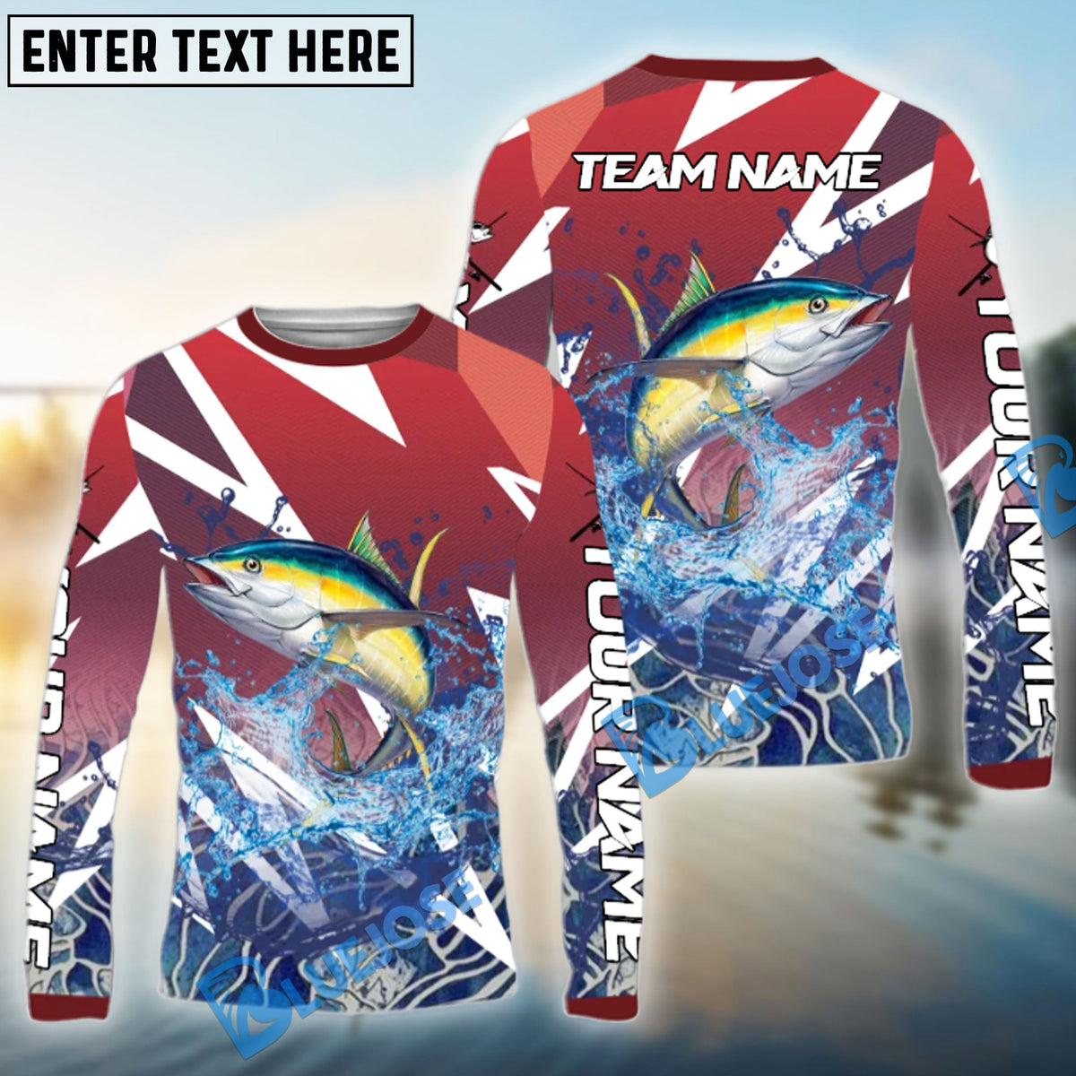 BlueJose Tuna Fishing Red Fury Pattern Custom Name & Team Name 3D Shirts