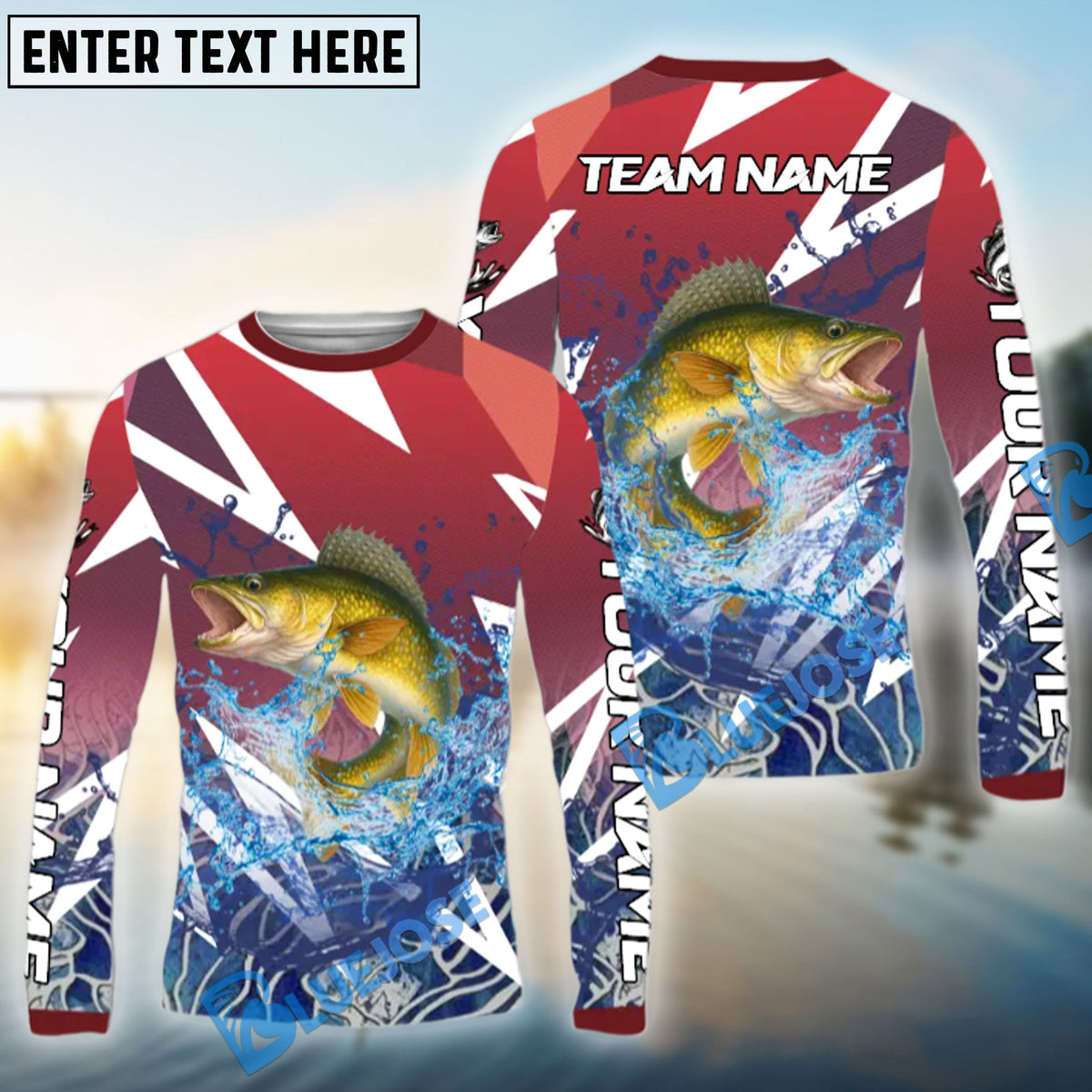 BlueJose Walleye Fishing Red Fury Pattern Custom Name & Team Name 3D Shirts