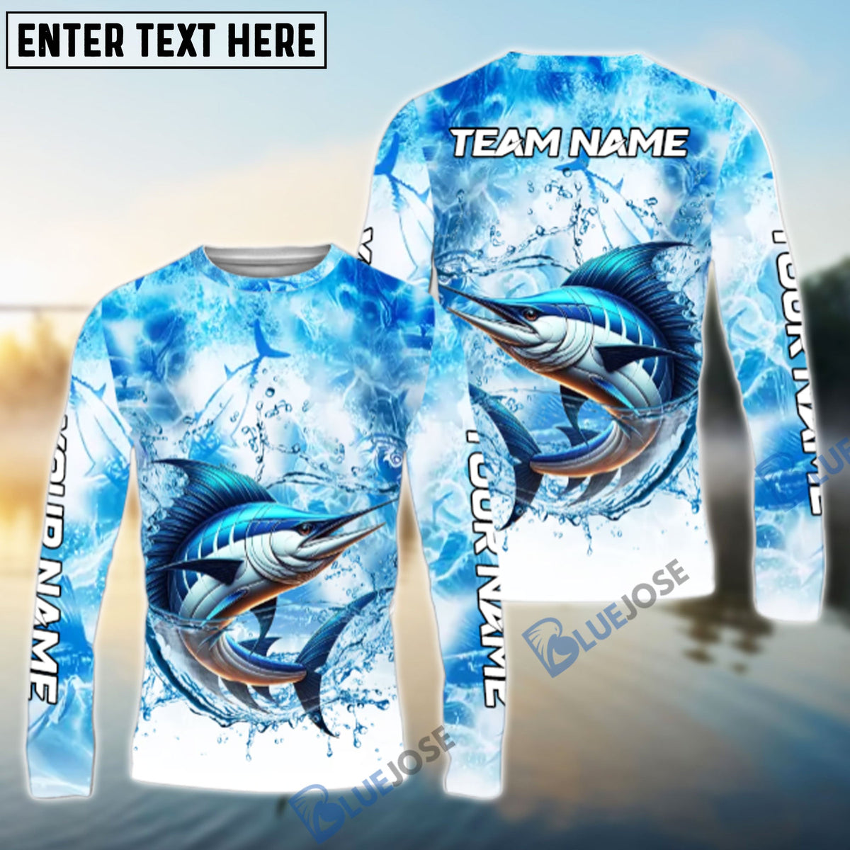 BlueJose Marlin Fishing Blue Sea Catching Design Name & Team Name 3D Shirts
