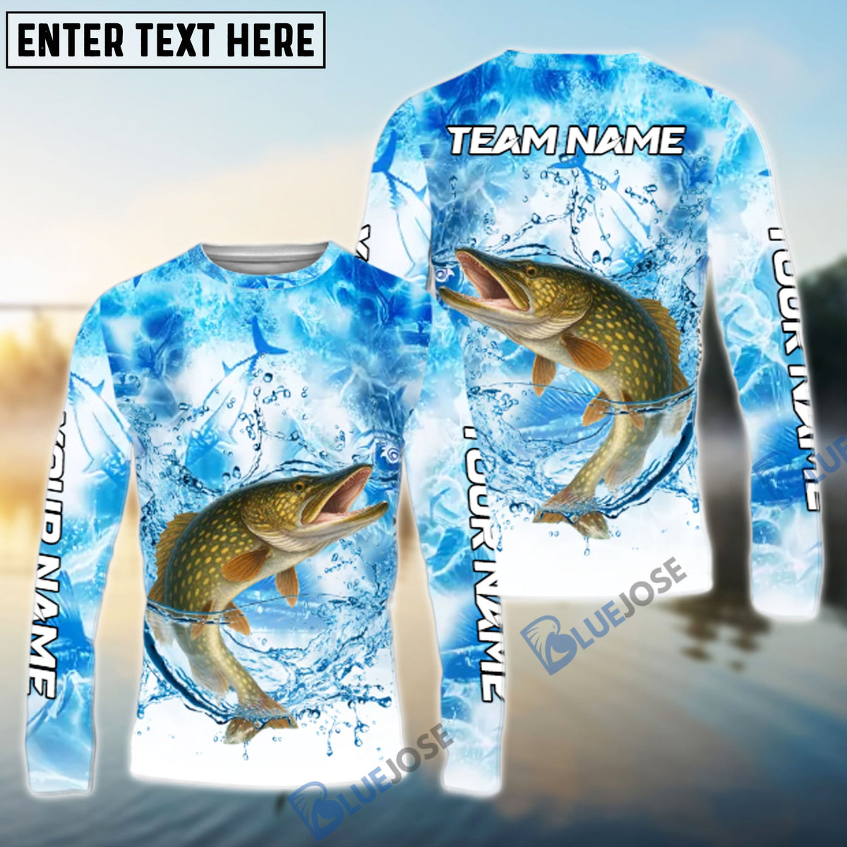BlueJose Pike Fishing Blue Sea Catching Design Name & Team Name 3D Shirts