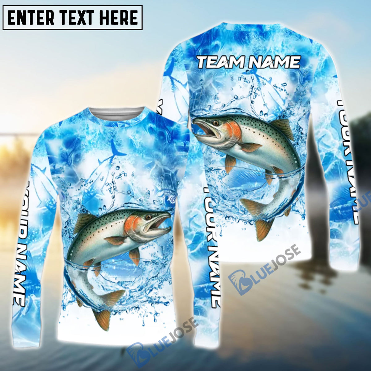 BlueJose Salmon Fishing Blue Sea Catching Design Name & Team Name 3D Shirts