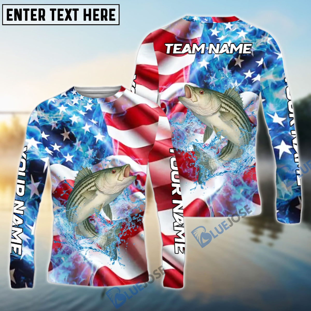BlueJose Striped Bass Fishing American Flag Patriot Catch Design Name & Team Name 3D Shirts