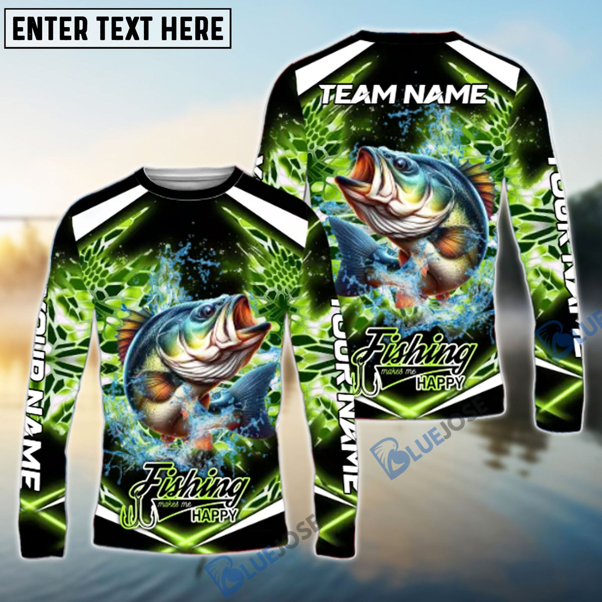 BlueJose Bass Fishing Green Happy Hook Design Name & Team Name 3D Shirts