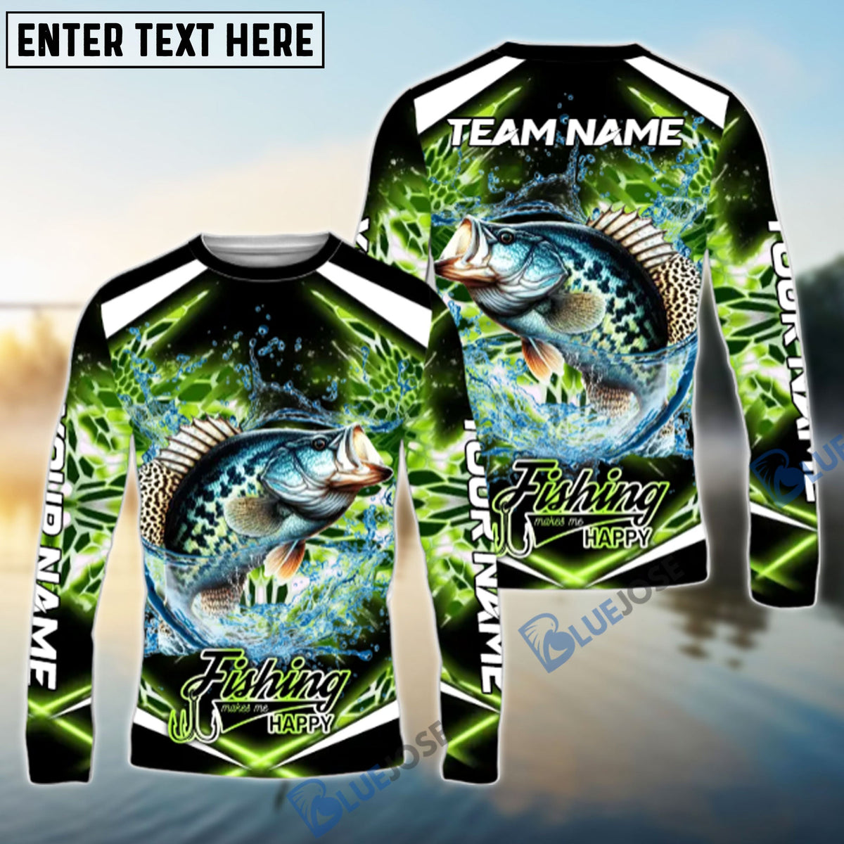 BlueJose Crappie Fishing Green Happy Hook Design Name & Team Name 3D Shirts