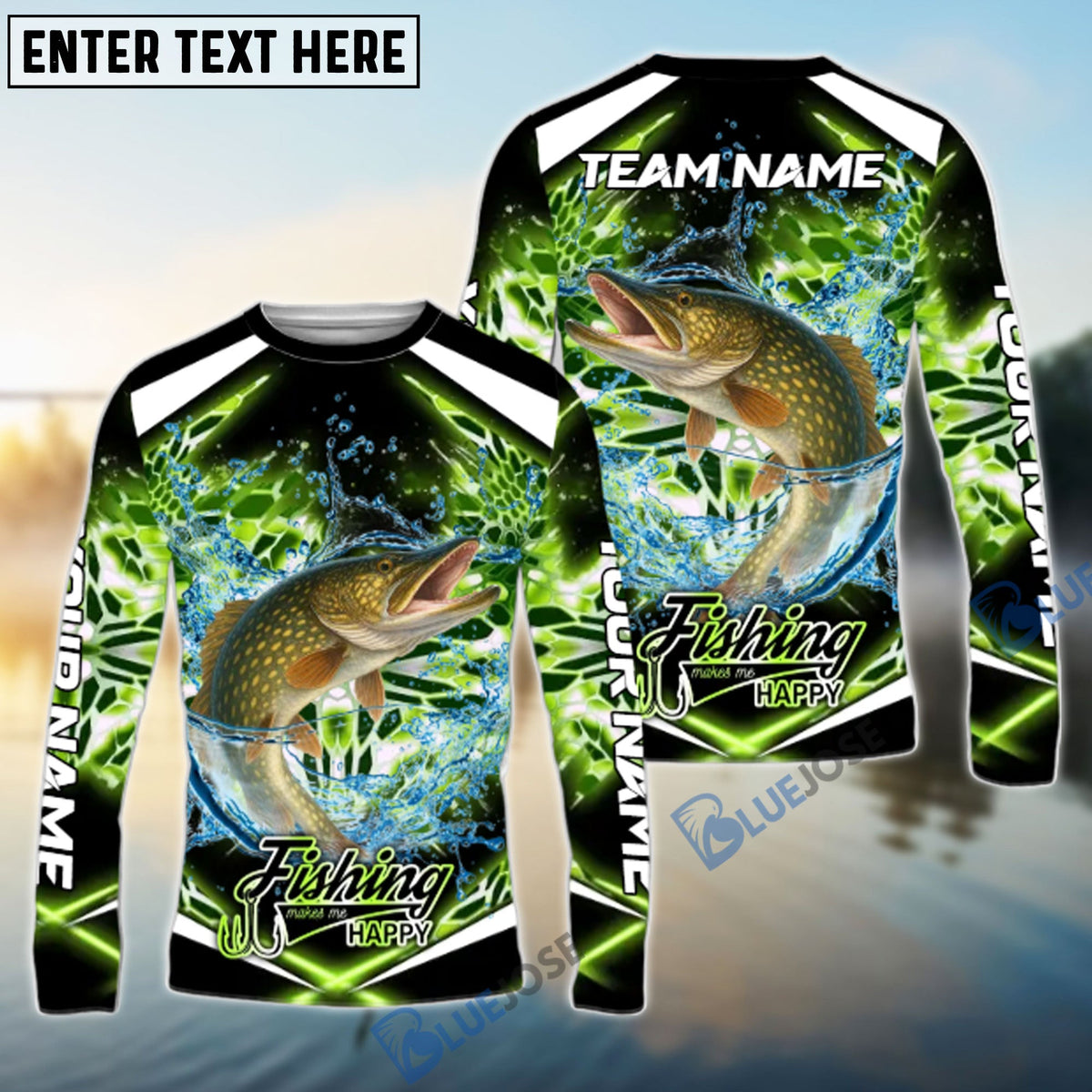 BlueJose Pike Fishing Green Happy Hook Design Name & Team Name 3D Shirts