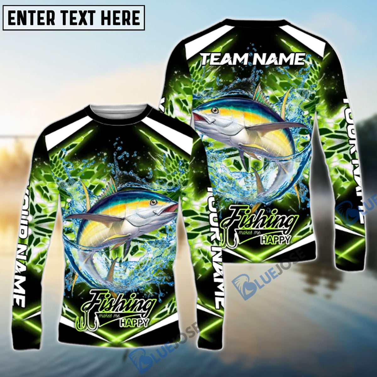 BlueJose Tuna Fishing Green Happy Hook Design Name & Team Name 3D Shirts