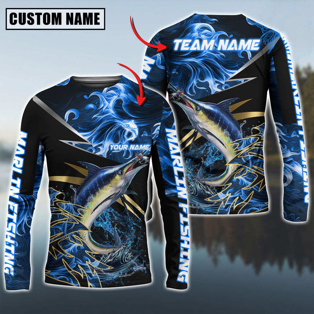 BlueJose Marlin Fishing Blue Flame Premium Golden & Silver Line Pattern Custom Name & Team Name 3D Shirts