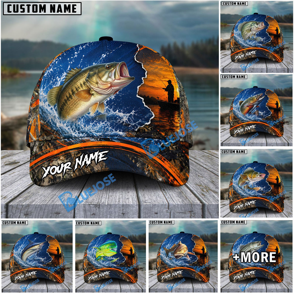 BlueJose Fishing Blue Sunset Ocean Camo Personalized Name Classic 3D Cap (13 Breeds)