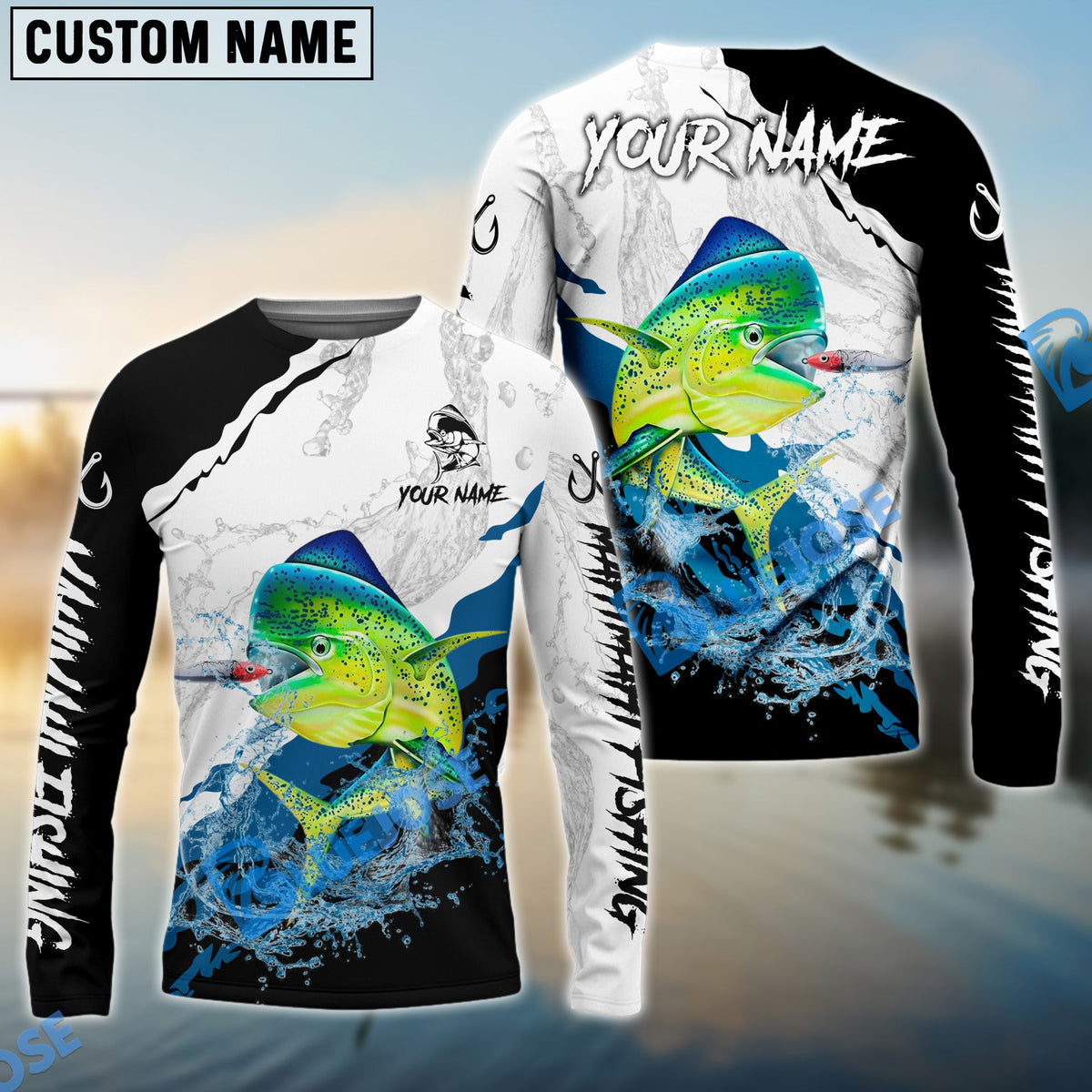 BlueJose Mahimahi Fishing Black White Water Flow Custom Name & Team Name 3D Shirts