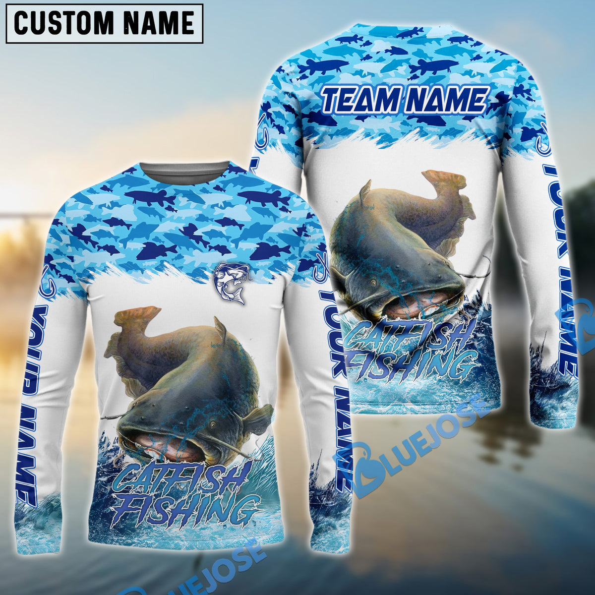 BlueJose Catfish Fishing Blue Water Camo Custom Name & Team Name 3D Shirts