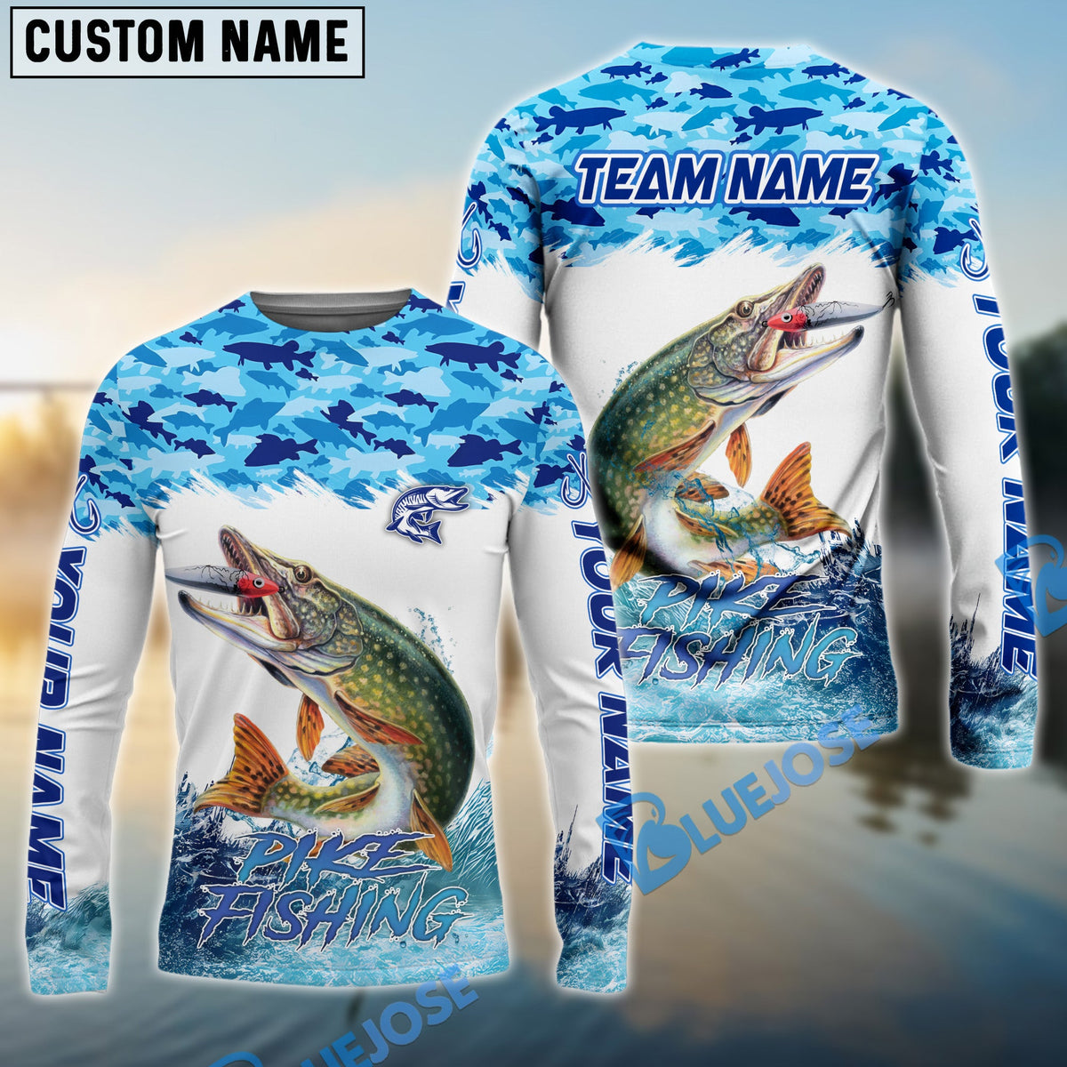 BlueJose Pike Fishing Blue Water Camo Custom Name & Team Name 3D Shirts