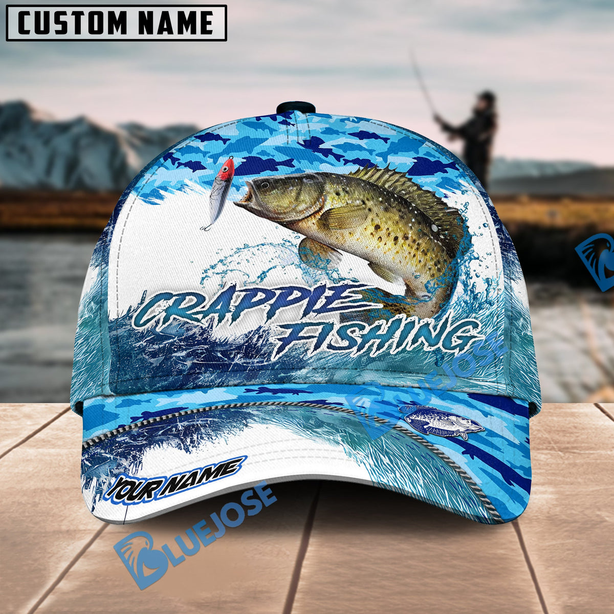BlueJose Crappie Fishing Blue Water Camo Personalized Cap