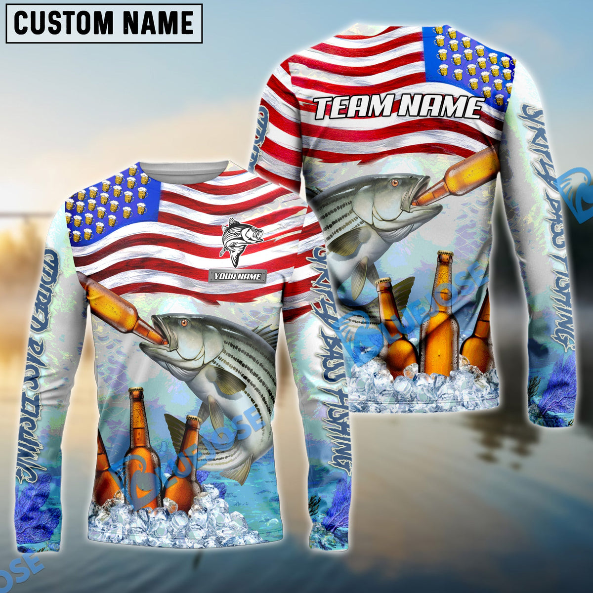 BlueJose Striped Bass Fishing American Flag Beer Custom Name & Team Name 3D Shirts