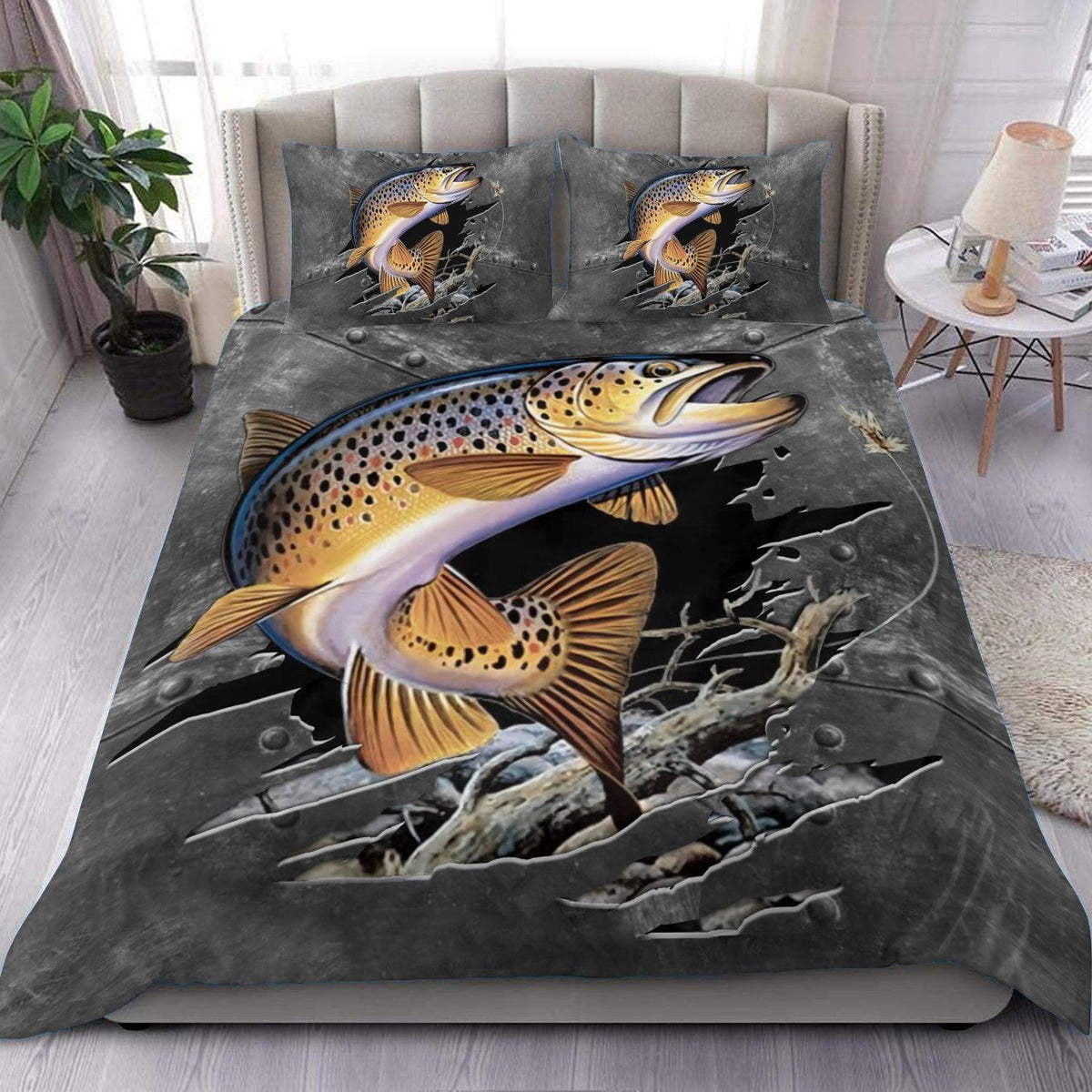 BlueJose Trout Fishing Metal Pattern Bedding Set