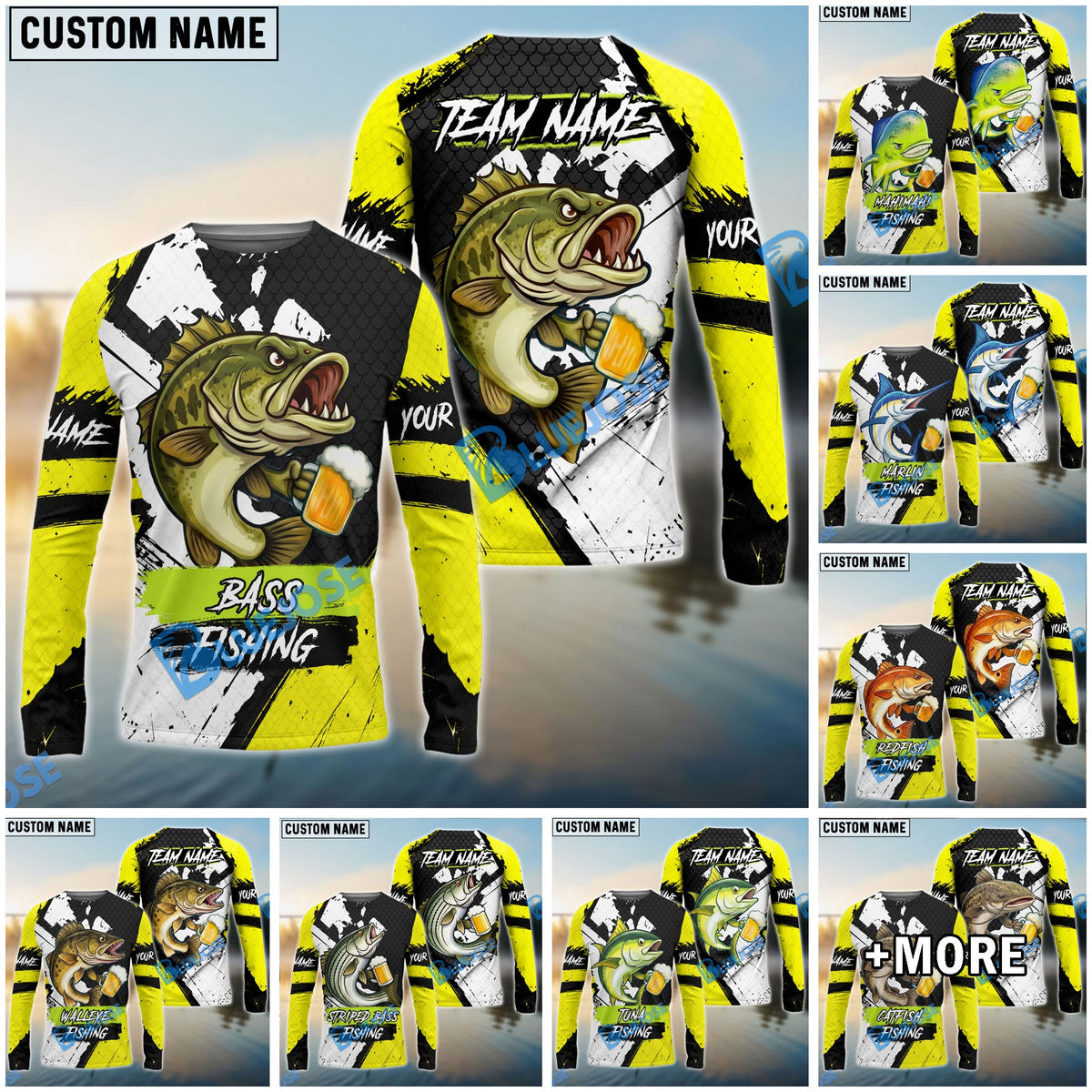 BlueJose Fishing Funny Beer Skin Custom Name & Team Name 3D Shirts (12 Breeds)