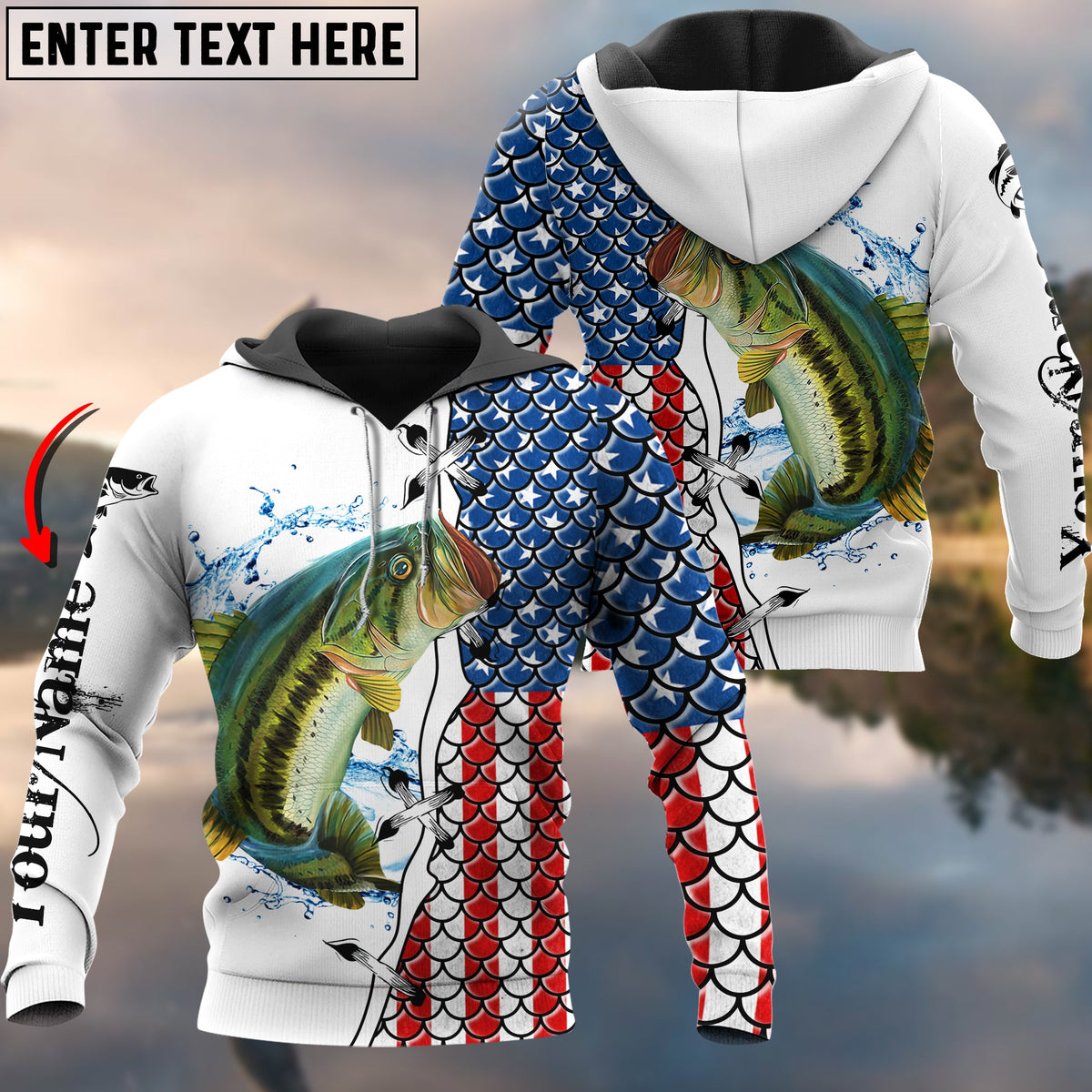 BlueJose American Flag Largemouth Bass Patriotic Fishing Customize Name 3D Shirts