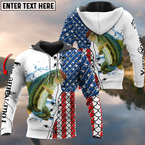 BlueJose American Flag Largemouth Bass Patriotic Fishing Customize Name 3D Shirts