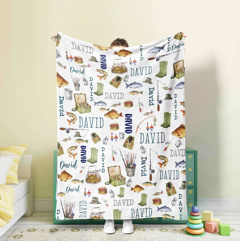 BlueJose Custom Name Fishing Pattern Blanket