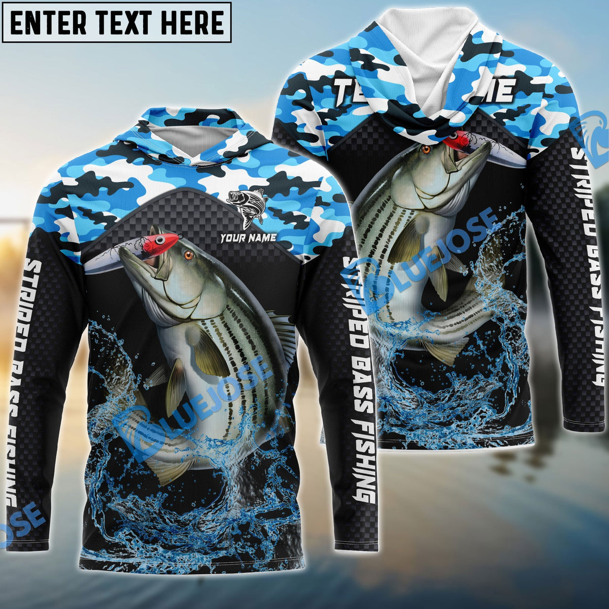 BlueJose Striped Bass Fishing Blue Camo Sport Custom Name & Team Name 3D Shirts