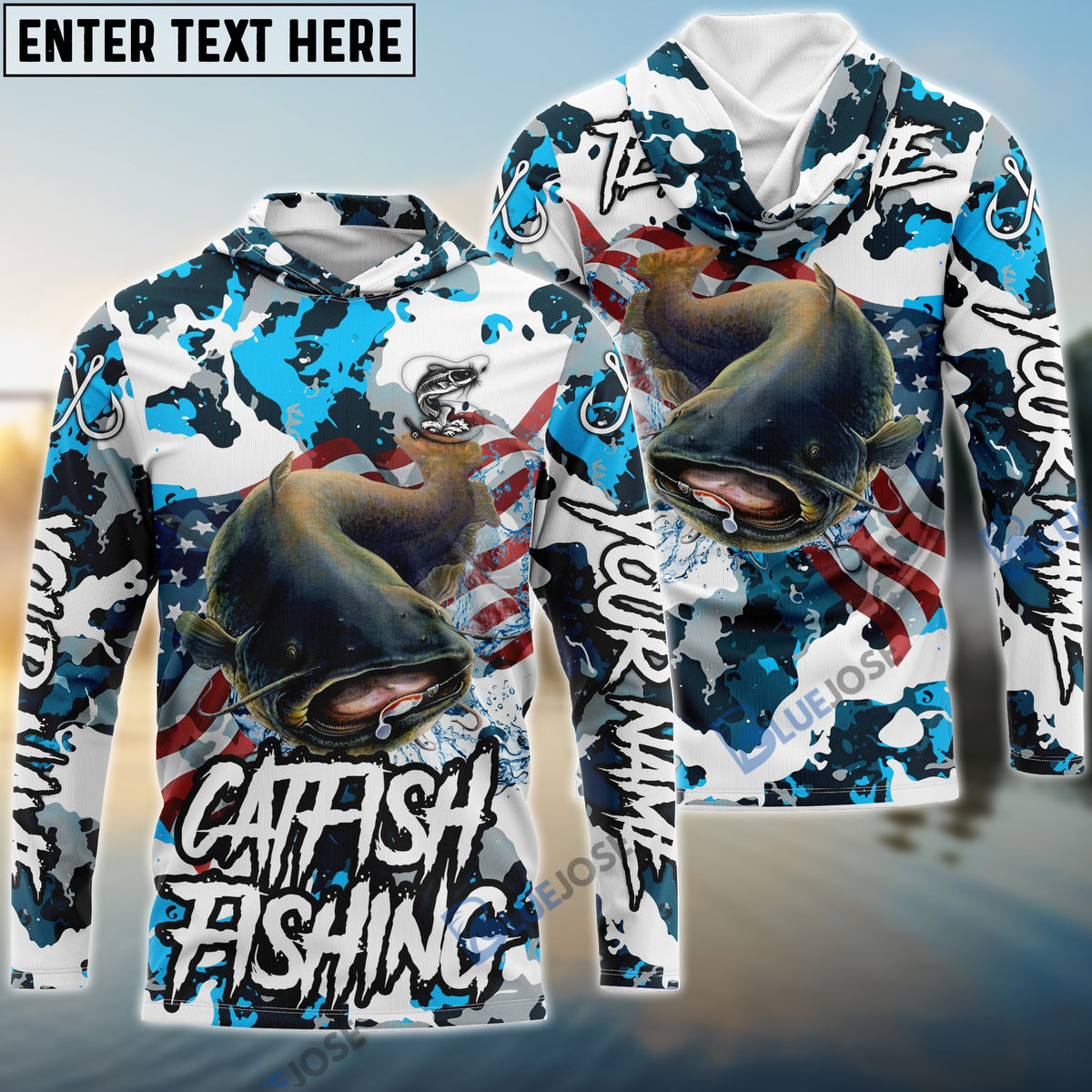 BlueJose Catfish Fishing American Flag Light Blue Camo Custom Name Windbreaker Jacket