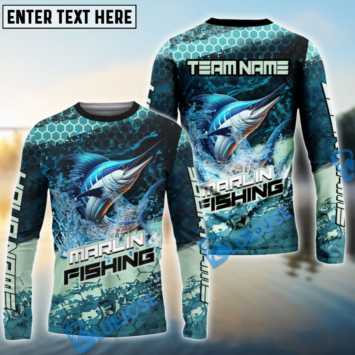 BlueJose Marlin Fishing Aqua Strike Custom Name & Team Name 3D Shirts