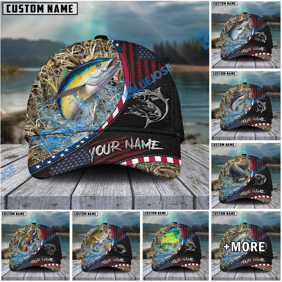 BlueJose Fishing Camo Flag Patriot Personalized Cap (11 Breeds)