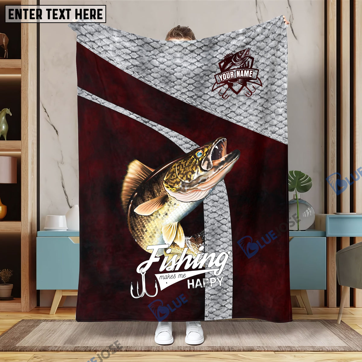 BlueJose Custom Name Walleye Fishing Red Blanket