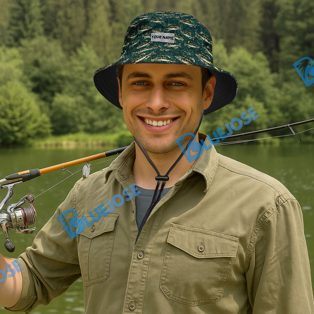 BlueJose Bass Fish Pattern Custom Name Bucket Hat