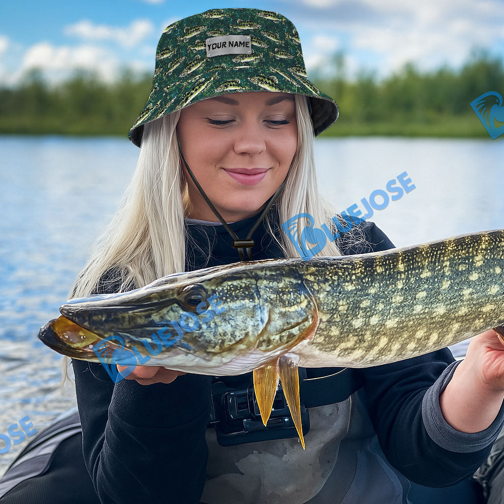 BlueJose Bass Fish Pattern Custom Name Bucket Hat