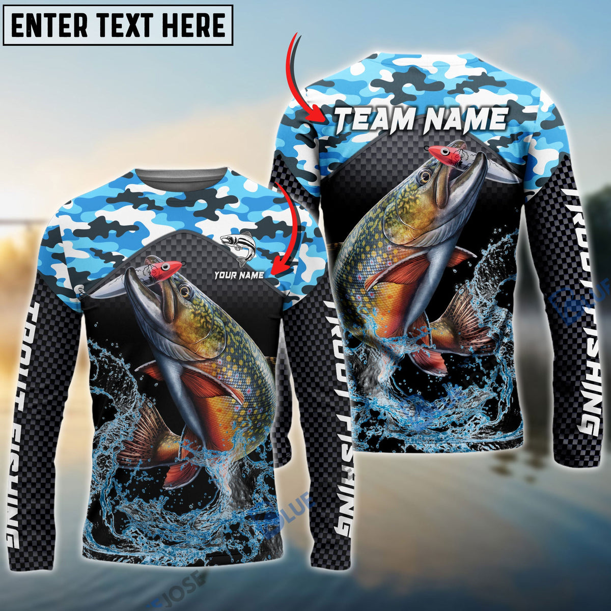 BlueJose Trout Fishing Blue Camo Sport Custom Name & Team Name 3D Shirts