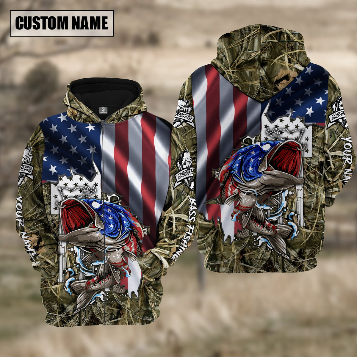 BlueJose American Flag Patriotic Largemouth Bass Camo Fishing Custom Name 3D Shirts