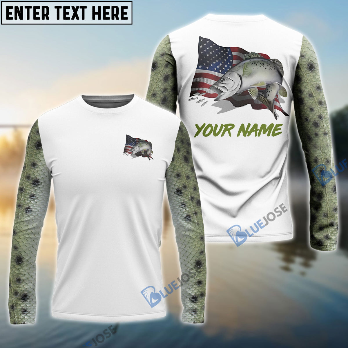 BlueJose Speckled Trout Fishing American Flag Custom Long Sleeve Performance Fishing Shirts, Patriotic