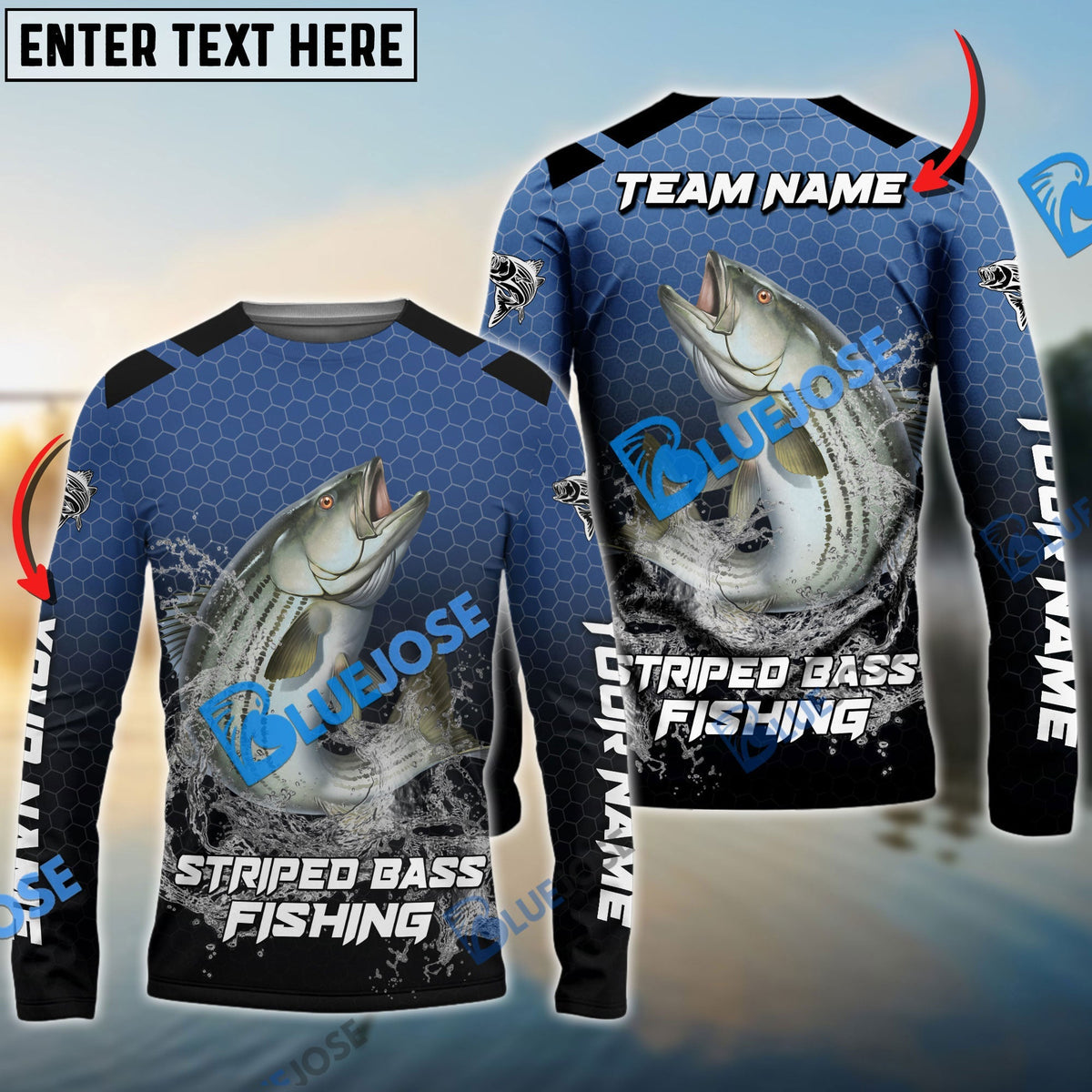 BlueJose Striped Bass Fishing Navy Hexagon Sport Custom Name & Team Name 3D Shirts