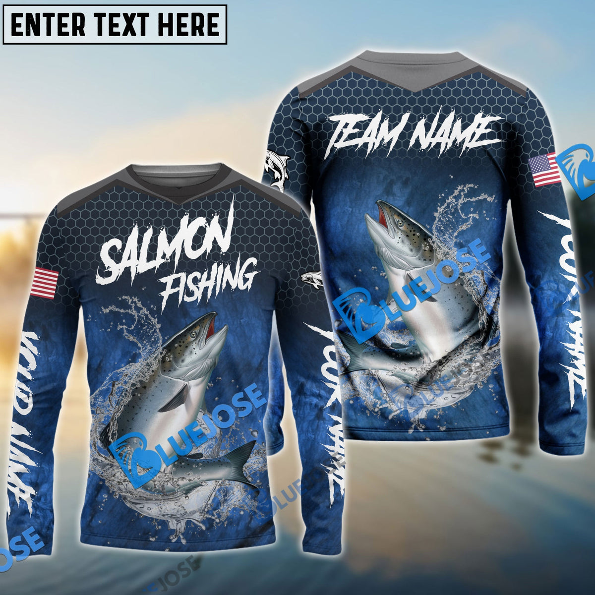 BlueJose Salmon Fishing Dark Blue American Sport Custom Name & Team Name 3D Shirts