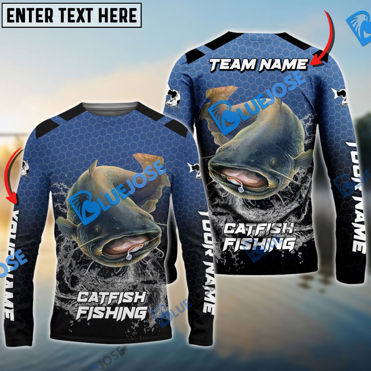 BlueJose Catfish Fishing Navy Hexagon Sport Custom Name & Team Name 3D Shirts