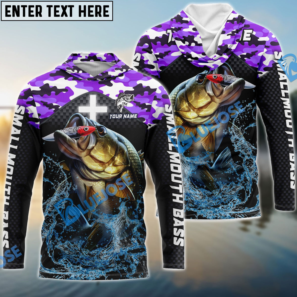 BlueJose Smallmouth Bass Fishing Purple Camo Sport Custom Name & Team Name 3D Shirts