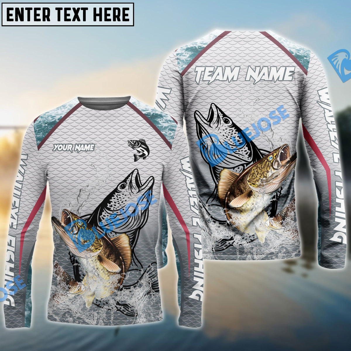 BlueJose Walleye Fishing White Fin Water Silhouette Sport Custom Name & Team Name 3D Shirts