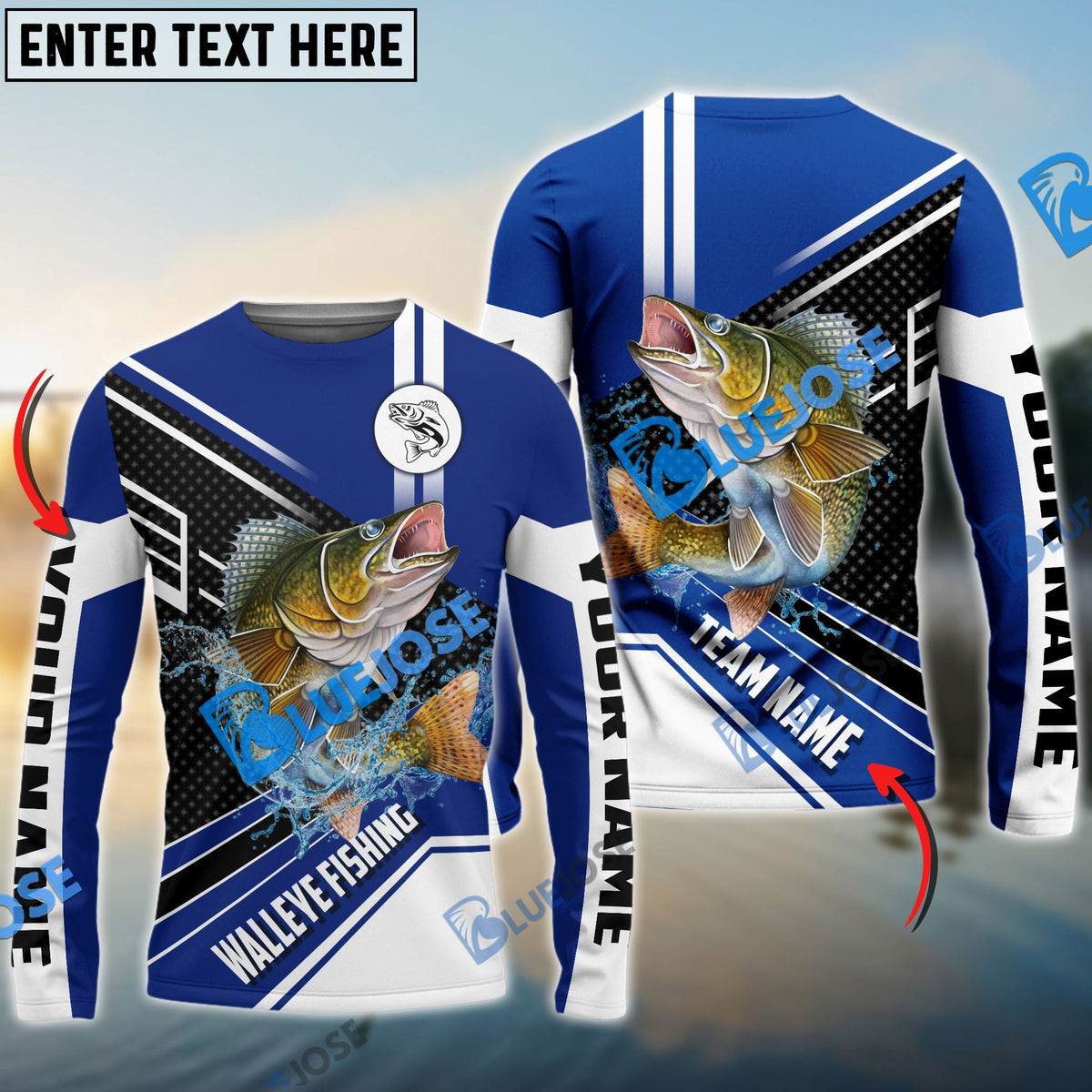 BlueJose Walleye Fishing Blue White Sport Custom Name & Team Name 3D Shirts