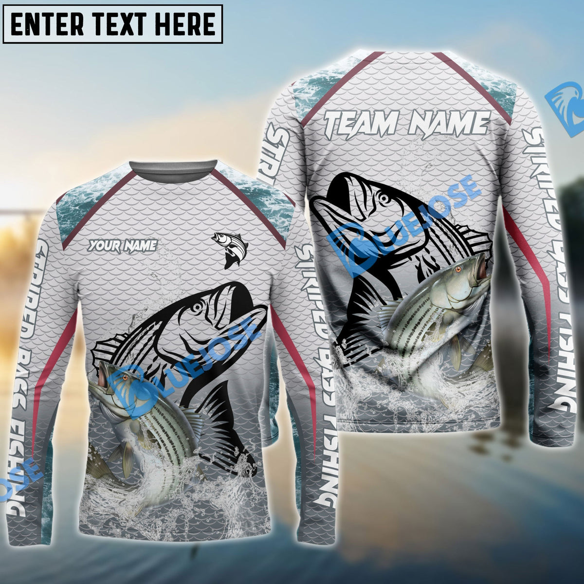 BlueJose Striped Bass Fishing White Fin Water Silhouette Sport Custom Name & Team Name 3D Shirts