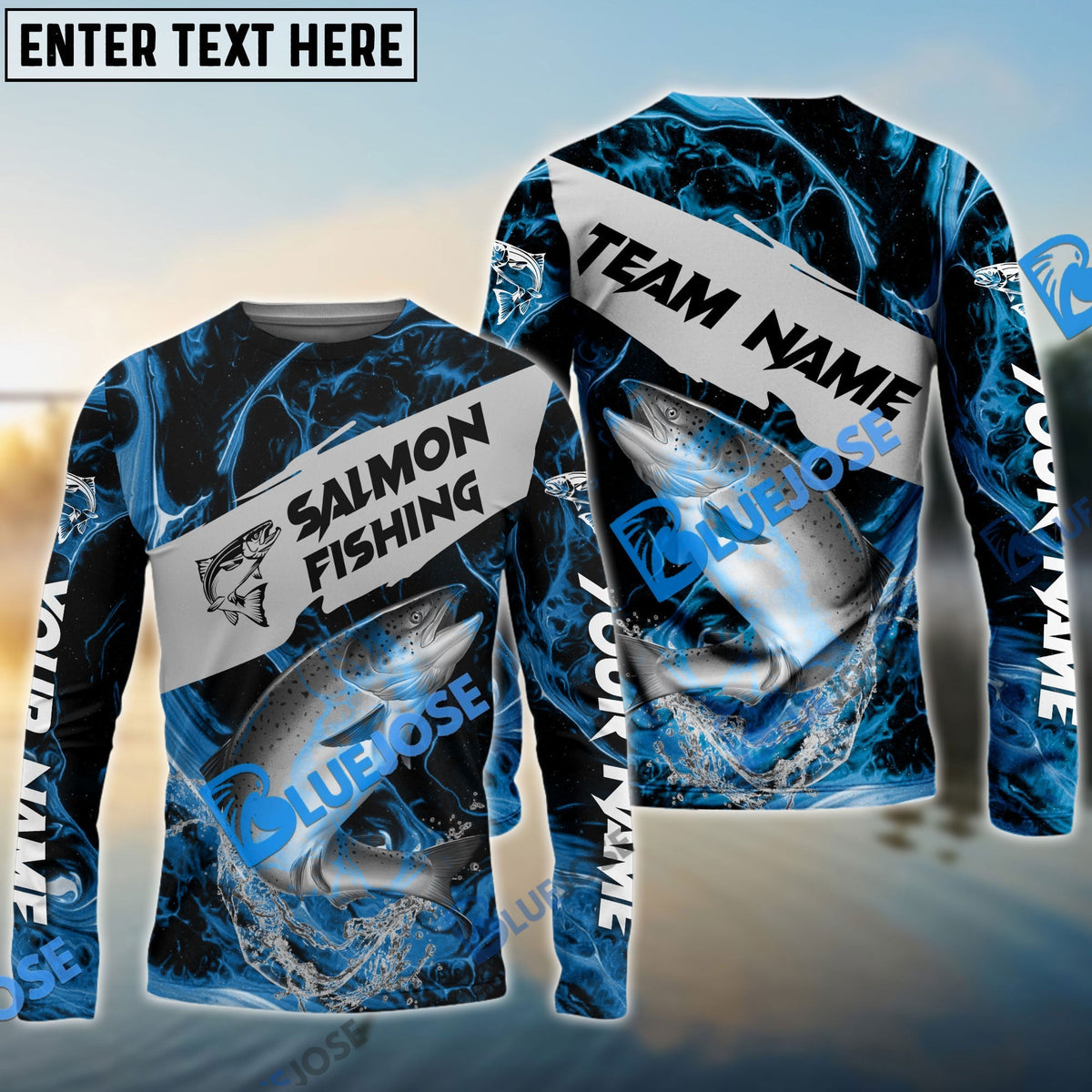 BlueJose Salmon Fishing Blue Lava Sport Custom Name & Team Name 3D Shirts
