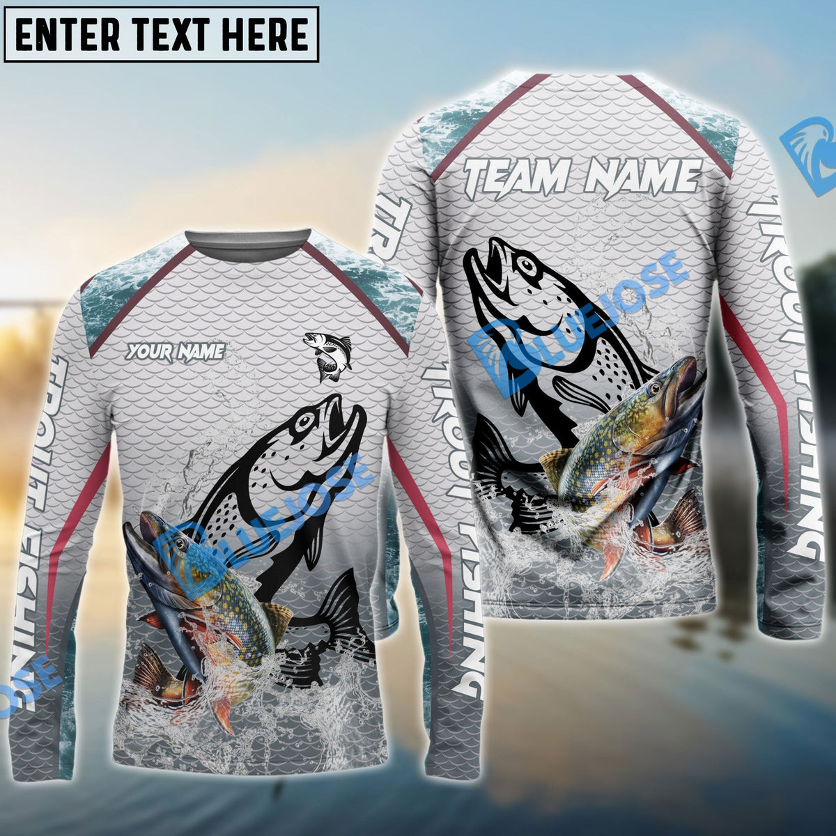 BlueJose Trout Fishing White Fin Water Silhouette Sport Custom Name & Team Name 3D Shirts