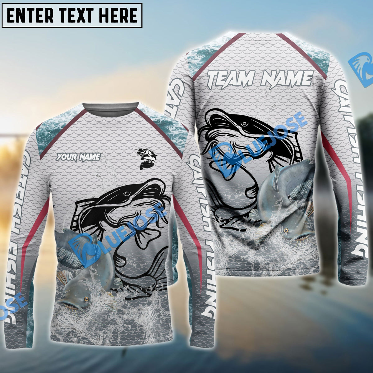 BlueJose Catfish Fishing White Fin Water Silhouette Sport Custom Name & Team Name 3D Shirts