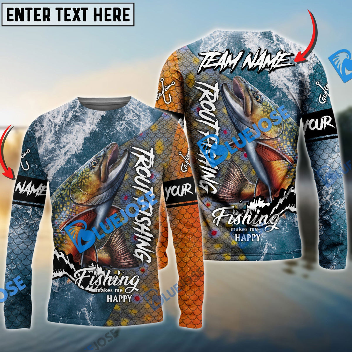 BlueJose Trout Fishing Skin Seawave Custom Name & Team Name 3D Shirts