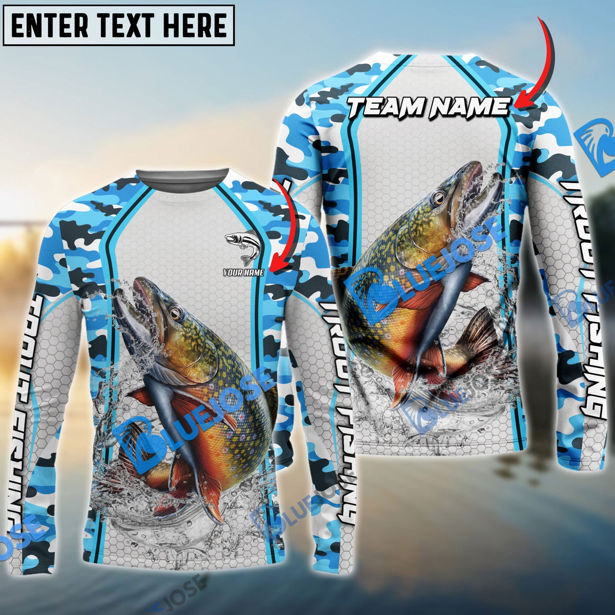 BlueJose Trout Fishing Light Blue Camo Sport Custom Name & Team Name 3D Shirts